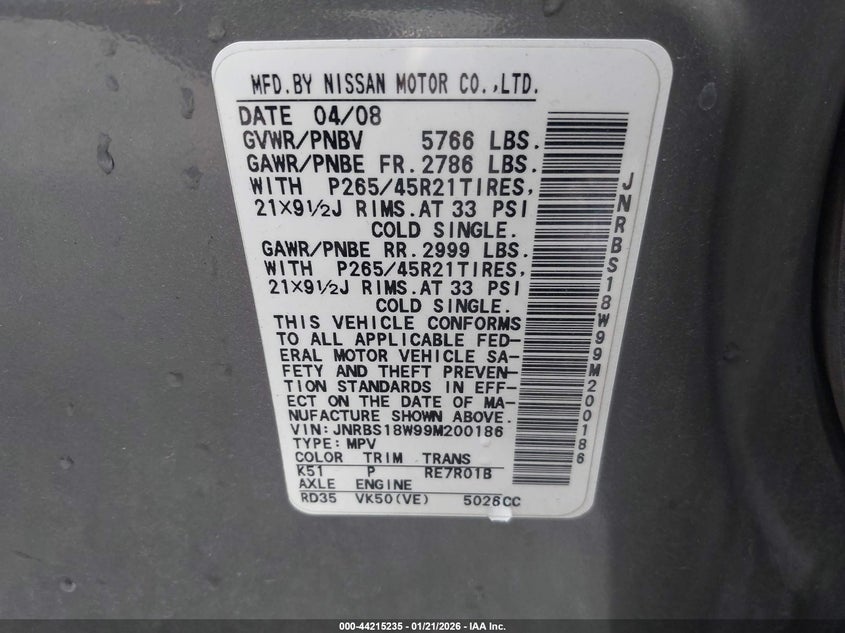 2009 Infiniti Fx50 VIN: JNRBS18W99M200186 Lot: 44215235