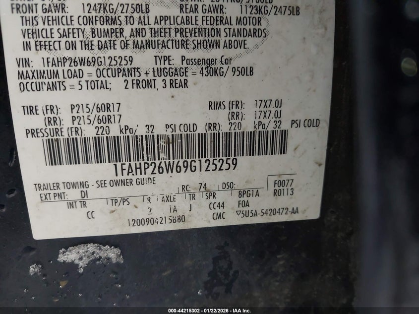 2009 Ford Taurus Se VIN: 1FAHP26W69G125259 Lot: 44215302