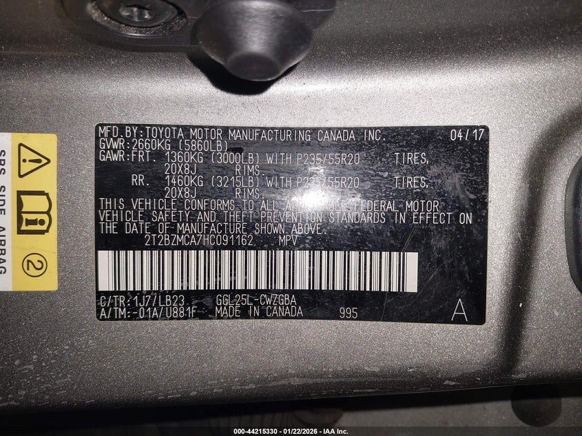VIN 2T2BZMCA7HC091162 2017 LEXUS RX 350