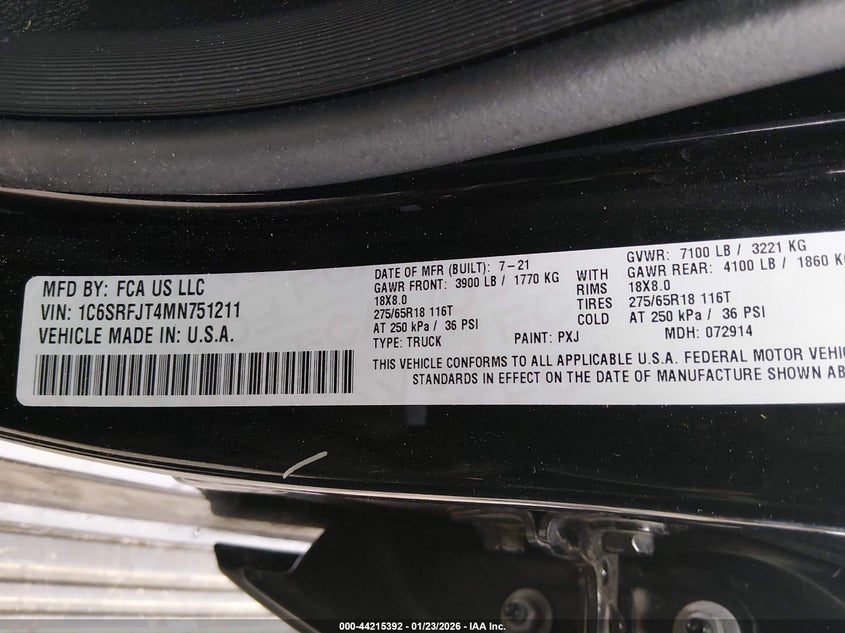 2021 Ram 1500 Laramie 4X4 5'7 Box VIN: 1C6SRFJT4MN751211 Lot: 44215392