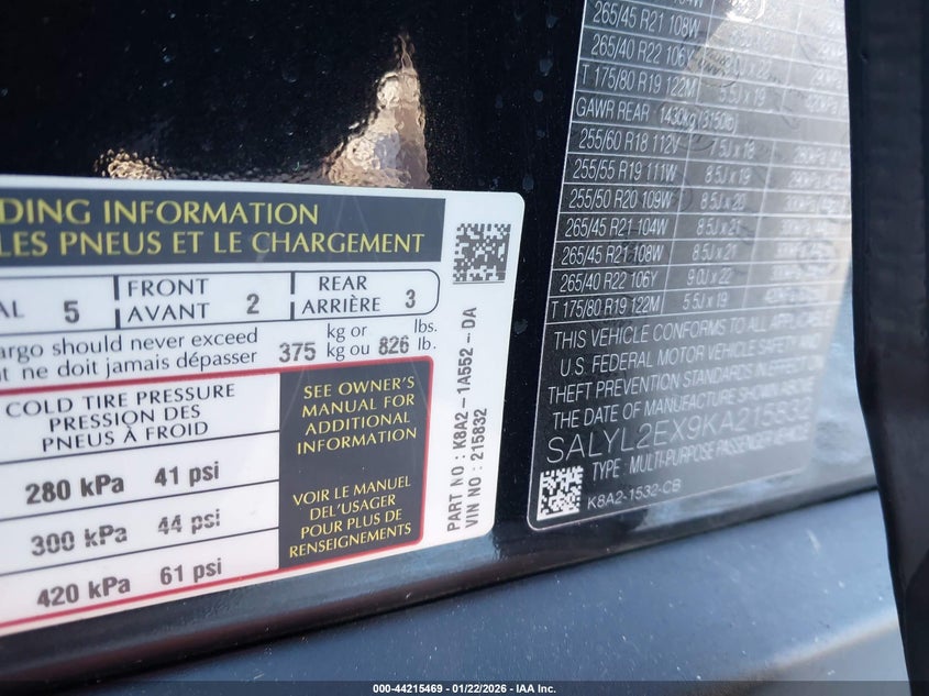 2019 Land Rover Range Rover Velar P250 R-Dynamic Se VIN: SALYL2EX9KA215832 Lot: 44215469