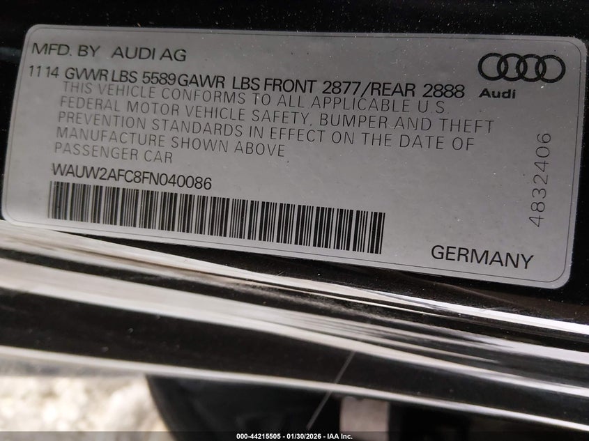 2015 Audi S7 4.0T VIN: WAUW2AFC8FN040086 Lot: 44215505