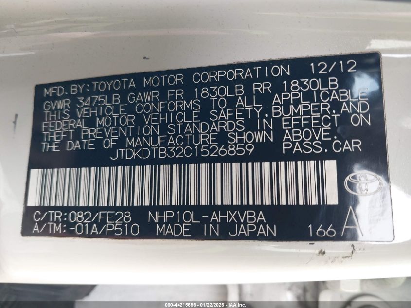 2012 Toyota Prius C One VIN: JTDKDTB32C1526859 Lot: 44215686