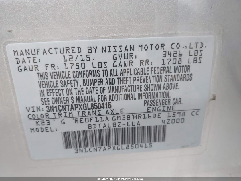 2016 Nissan Versa 1.6 S/1.6 S+/1.6 Sl/1.6 Sv VIN: 3N1CN7APXGL850415 Lot: 44215827