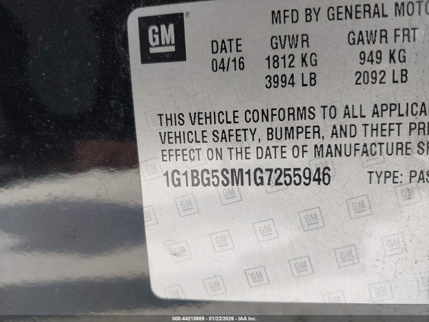 1G1BG5SM1G7255946 Chevrolet Cruze Premier Auto