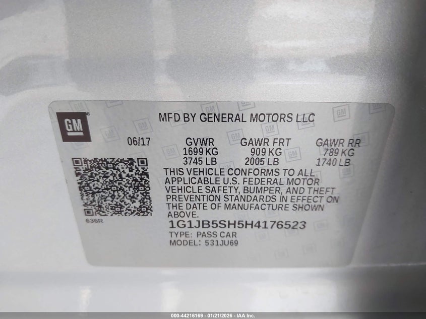 VIN 1G1JB5SH5H4176523 2017 CHEVROLET SONIC LS AUTO