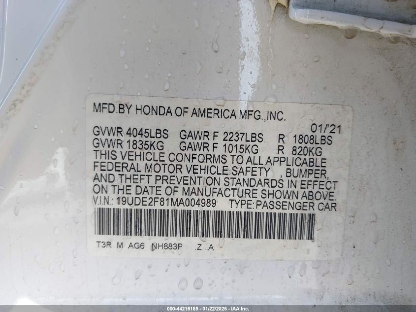 2021 Acura Ilx Premium A-Spec Packages/Technology A-Spec Packages VIN: 19UDE2F81MA004989 Lot: 44216185