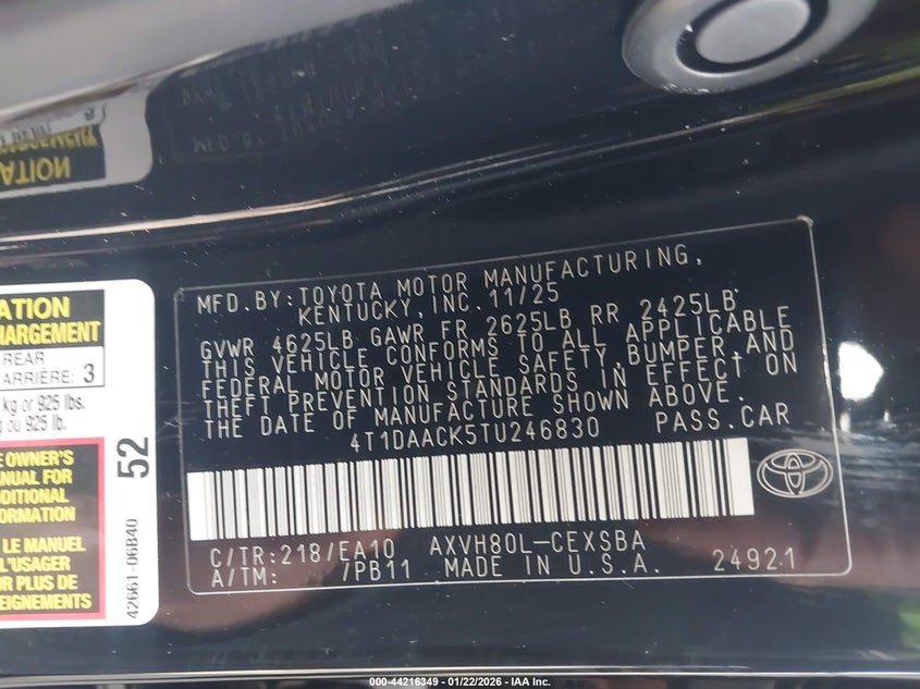 2026 TOYOTA CAMRY 2.5L I-4 DI, DOHC, V(VIN: 4T1DAACK5TU246830