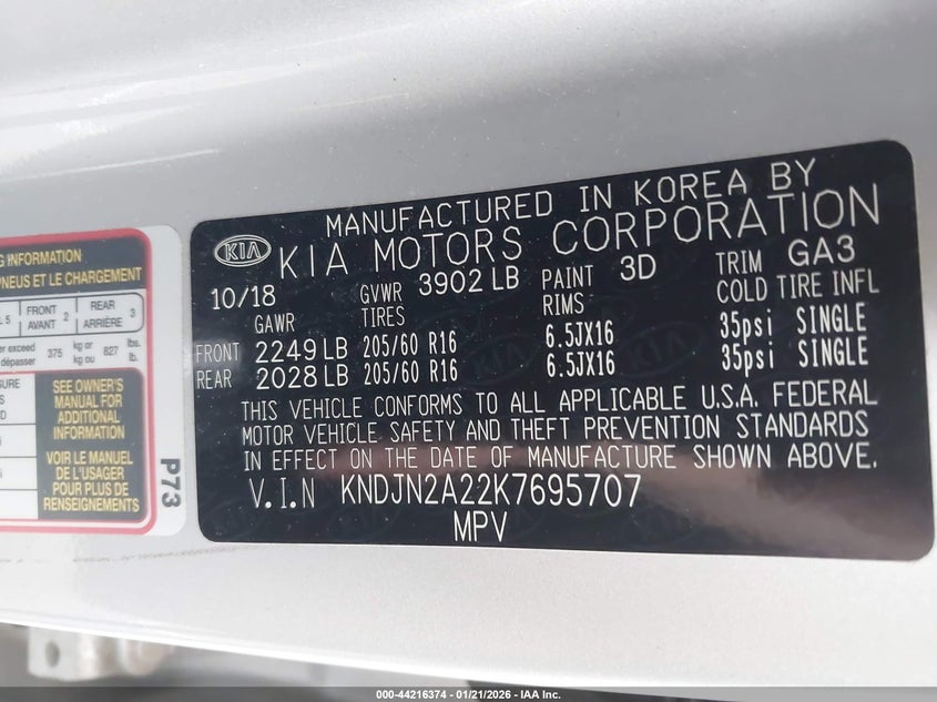 2019 Kia Soul VIN: KNDJN2A22K7695707 Lot: 44216374