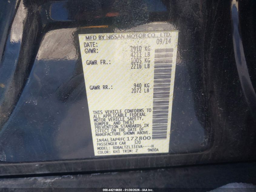 2015 Nissan Altima 2.5 Sl VIN: 1N4AL3AP4FC172800 Lot: 44216658