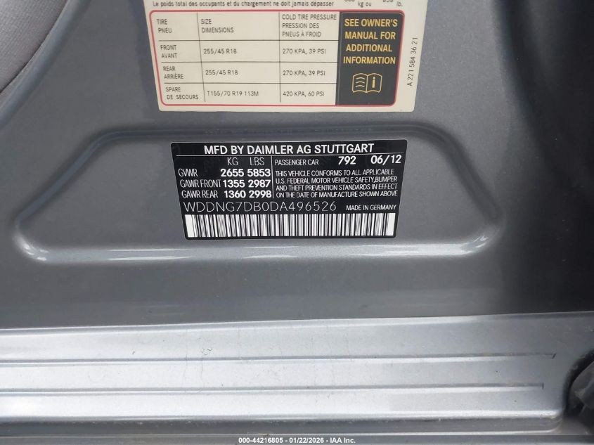 2013 Mercedes-Benz S 550 VIN: WDDNG7DB0DA496526 Lot: 44216805