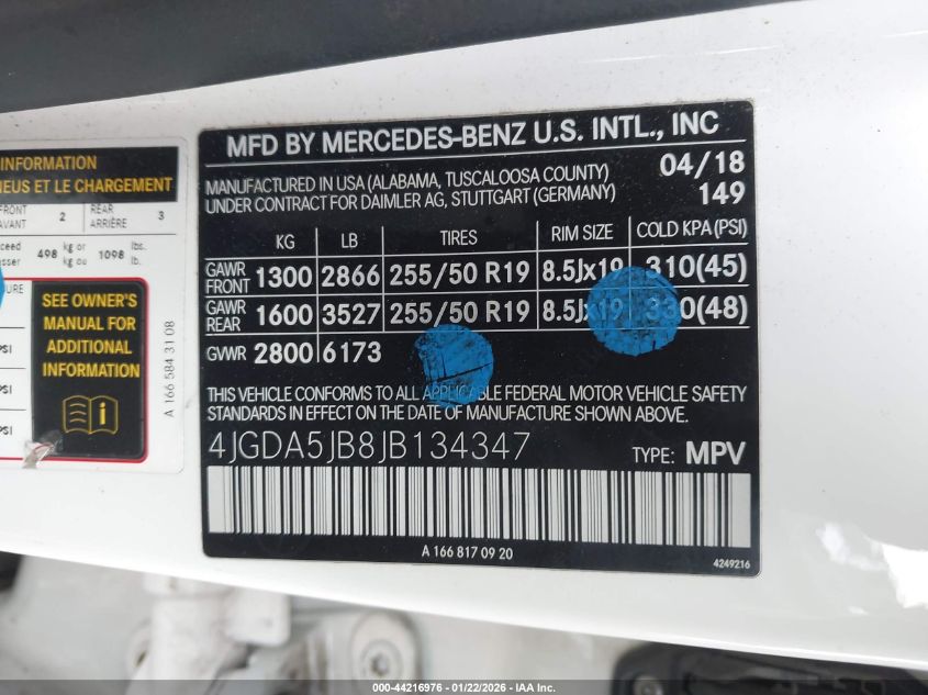 2018 Mercedes-Benz Gle 350 VIN: 4JGDA5JB8JB134347 Lot: 44216976