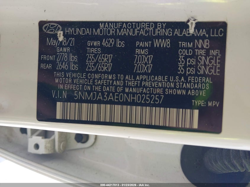 2022 HYUNDAI TUCSON 2.5L I-4 DI, DOHC, V(VIN: 5NMJA3AE0NH025257