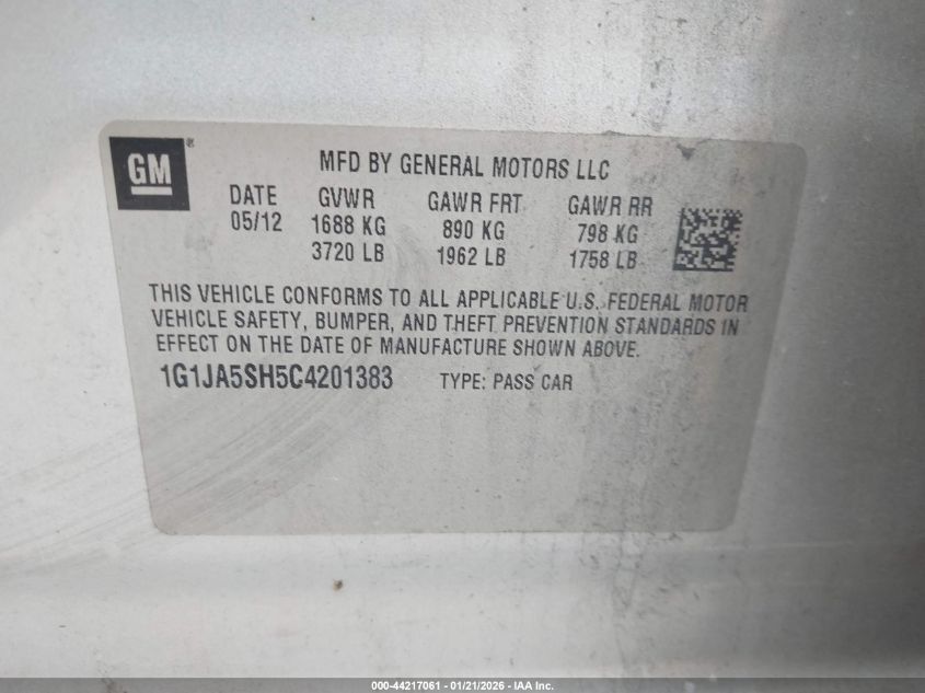 2012 Chevrolet Sonic 2Ls VIN: 1G1JA5SH5C4201383 Lot: 44217061