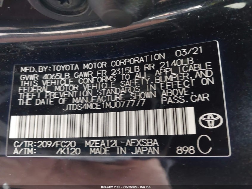 2021 TOYOTA COROLLA 2.0L I-4 DI, DOHC, V(VIN: JTDS4MCE1MJ077777
