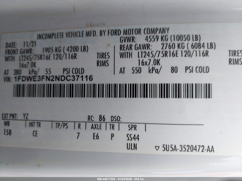 2022 FORD E-350 CUTAWAY (VIN: 1FDWE3FN2NDC37116