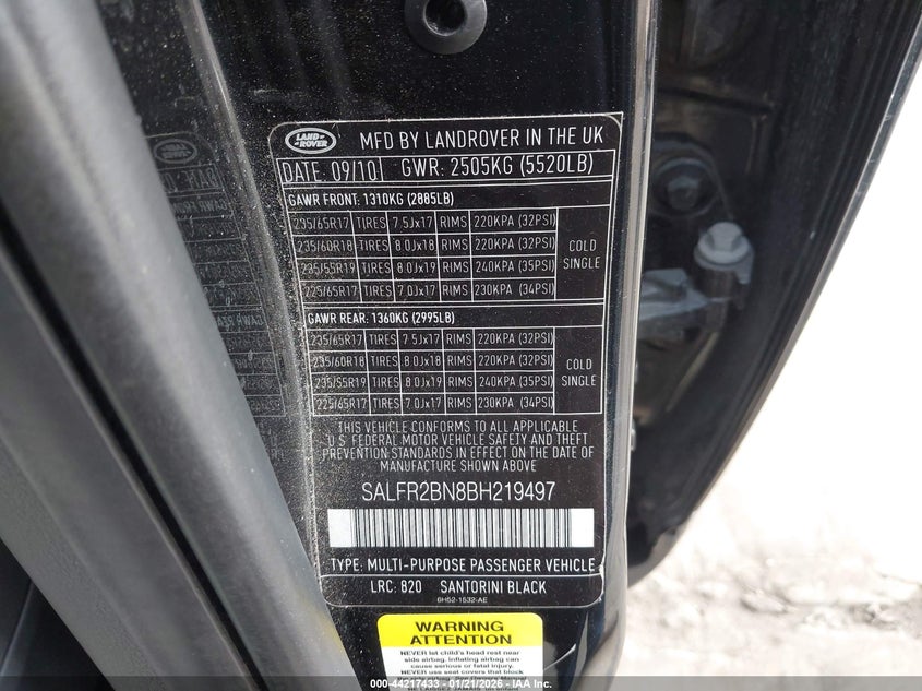 2011 Land Rover Lr2 VIN: SALFR2BN8BH219497 Lot: 44217433