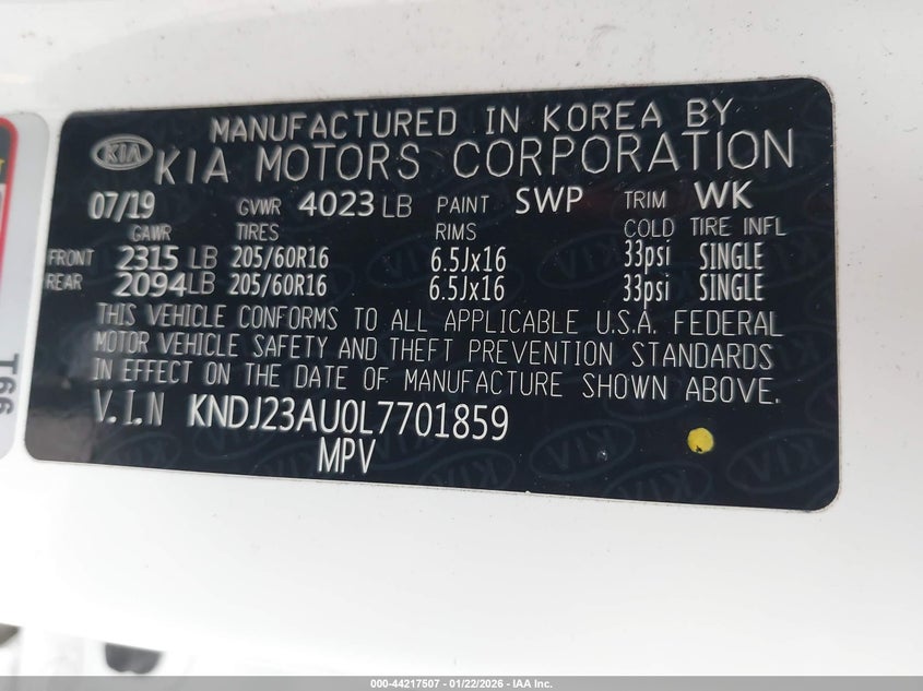 2020 Kia Soul S VIN: KNDJ23AU0L7701859 Lot: 44217507