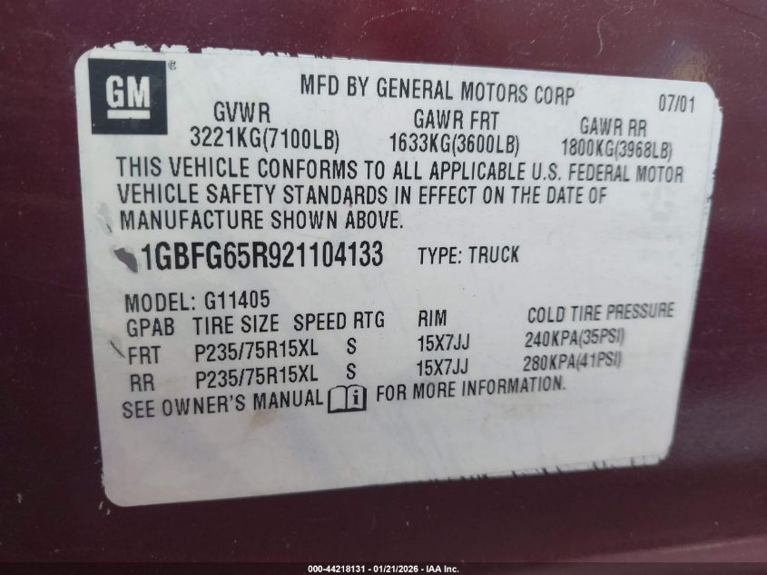 2002 Chevrolet Express Lt VIN: 1GBFG65R921104133 Lot: 44218131