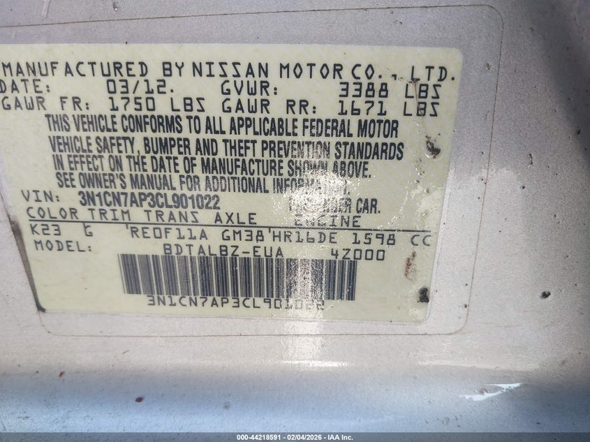 2012 Nissan Versa 1.6 Sv VIN: 3N1CN7AP3CL901022 Lot: 44218591