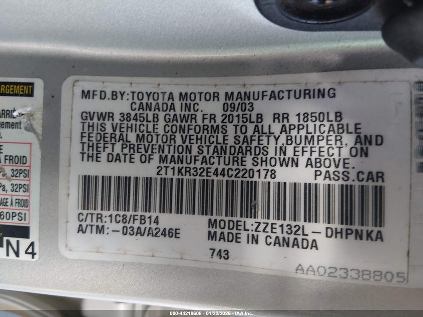 2004 Toyota Matrix Xr VIN: 2T1KR32E44C220178 Lot: 44218608