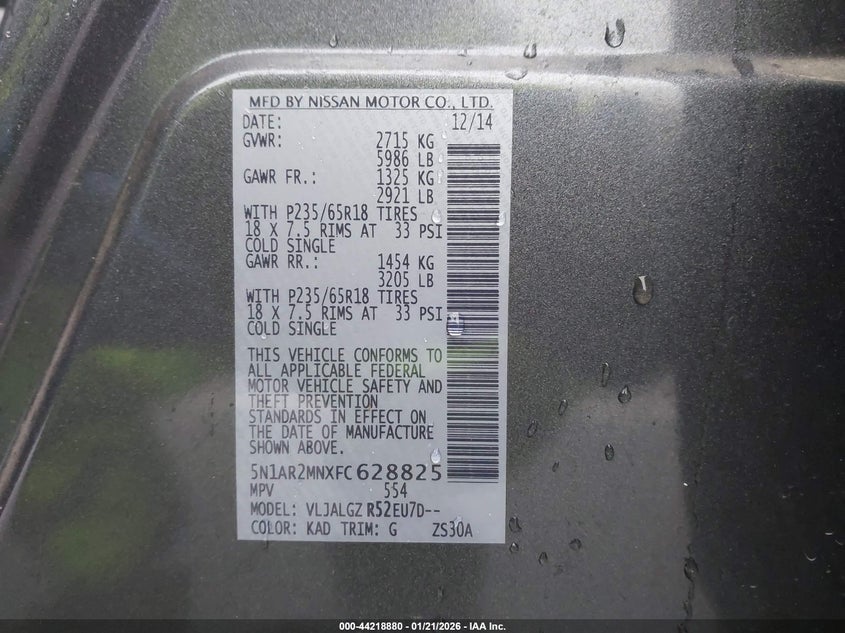 2015 Nissan Pathfinder Platinum/S/Sl/Sv VIN: 5N1AR2MNXFC628825 Lot: 44218880