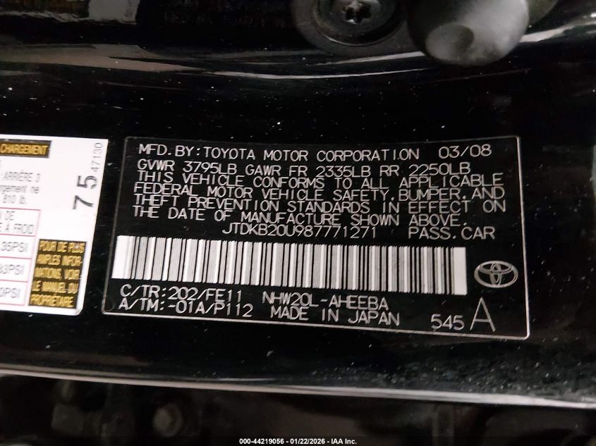 2008 Toyota Prius VIN: JTDKB20U987771271 Lot: 44219056