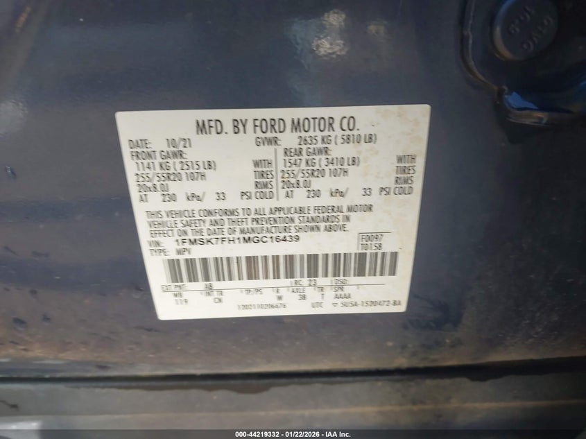 2021 Ford Explorer Limited VIN: 1FMSK7FH1MGC16439 Lot: 44219332