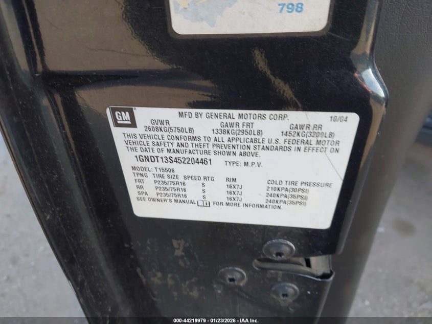 2005 Chevrolet Trailblazer Ls VIN: 1GNDT13S452204461 Lot: 44219979