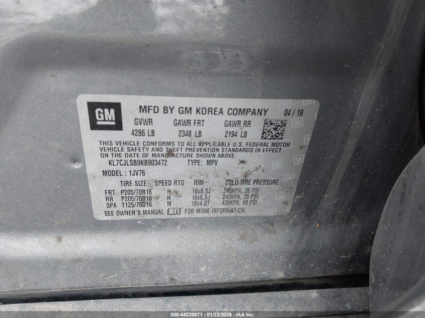 2019 Chevrolet Trax Lt VIN: KL7CJLSB9KB903472 Lot: 44220871