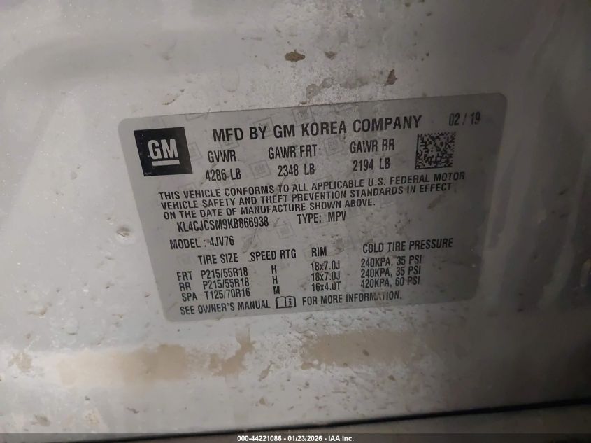 2019 Buick Encore Fwd Essence VIN: KL4CJCSM9KB866938 Lot: 44221086