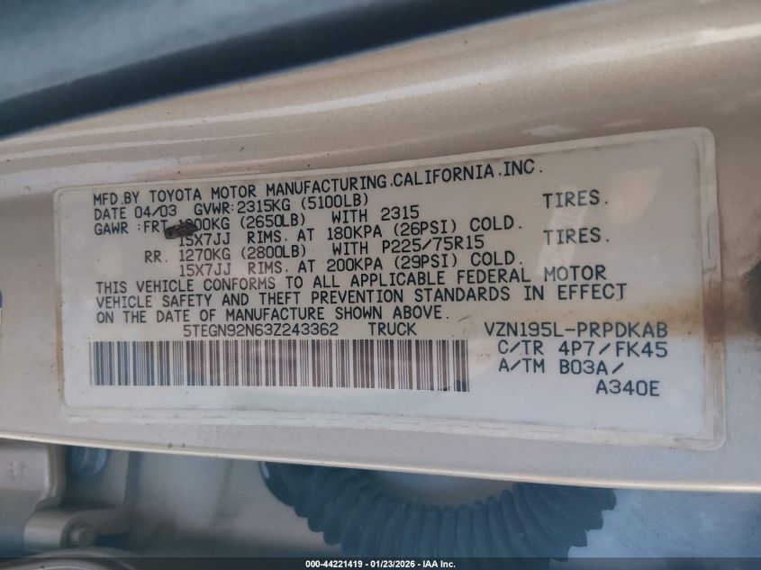 2003 Toyota Tacoma Prerunner V6 VIN: 5TEGN92N63Z243362 Lot: 44221419