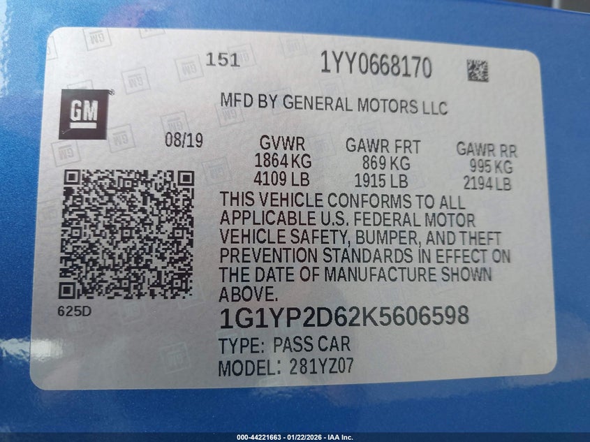 2019 Chevrolet Corvette Z06 VIN: 1G1YP2D62K5606598 Lot: 44221663