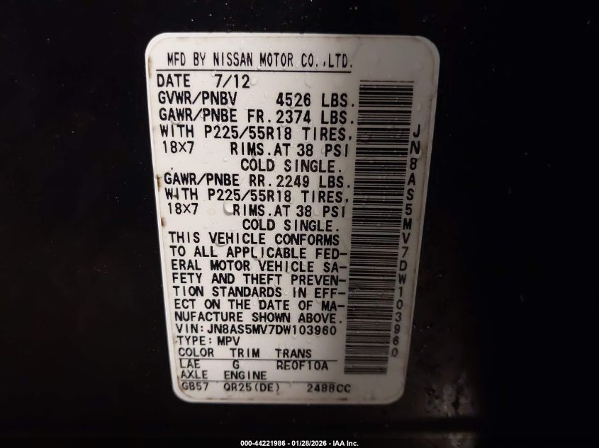 2013 Nissan Rogue Sv W/Sl Pkg VIN: JN8AS5MV7DW103960 Lot: 44221986