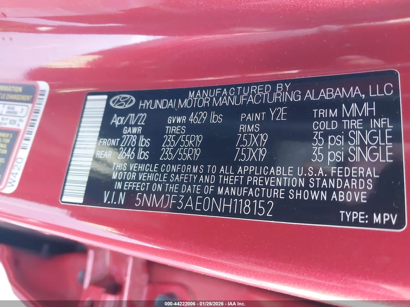 VIN 5NMJF3AE0NH118152 2022 HYUNDAI TUCSON SEL