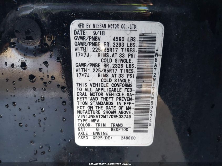 2019 Nissan Rogue S VIN: JN8AT2MT7KW503749 Lot: 44222037