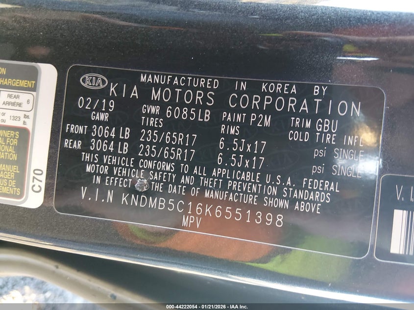 2019 Kia Sedona Lx VIN: KNDMB5C16K6551398 Lot: 44222054