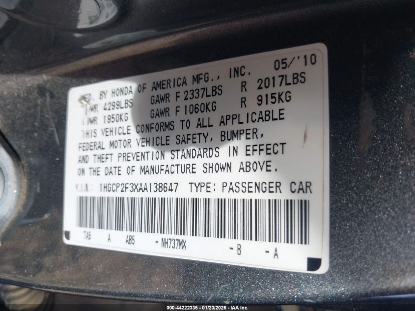 2010 Honda Accord 2.4 Lx VIN: 1HGCP2F3XAA138647 Lot: 44222336
