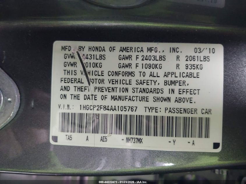 2010 Honda Accord 2.4 Ex-L VIN: 1HGCP2F84AA105767 Lot: 44222473