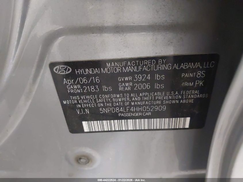 2017 Hyundai Elantra Se VIN: 5NPD84LF4HH052909 Lot: 44222524