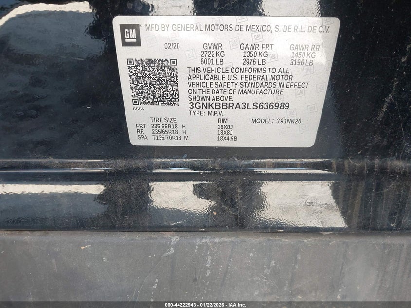 2020 Chevrolet Blazer Fwd 1Lt VIN: 3GNKBBRA3LS636989 Lot: 44222943