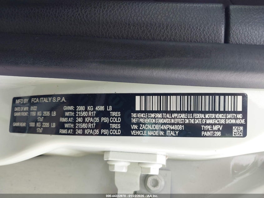 VIN ZACNJDB14NPN48081 2022 JEEP RENEGADE LATITUDE 4X4