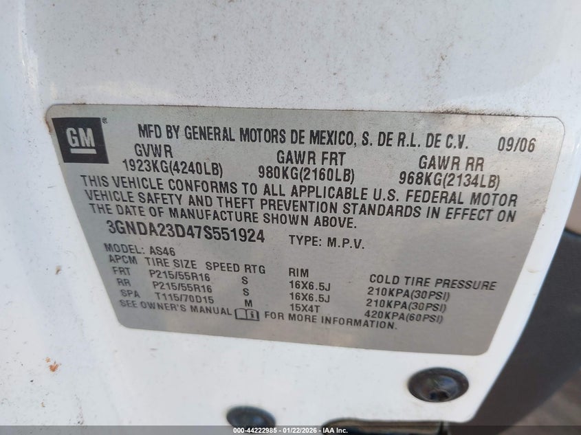 2007 Chevrolet Hhr Lt VIN: 3GNDA23D47S551924 Lot: 44222985