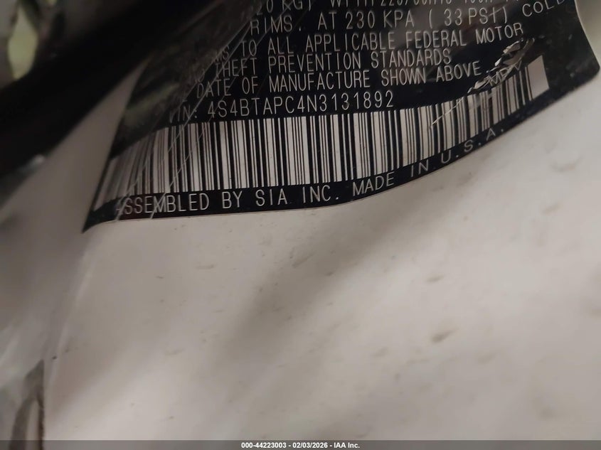 2022 Subaru Outback Touring VIN: 4S4BTAPC4N3131892 Lot: 44223003