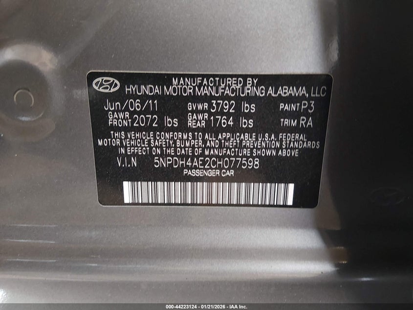2012 Hyundai Elantra 1.8 Gls grey Lot 111044223124 Vin 5NPDH4AE2CH077598