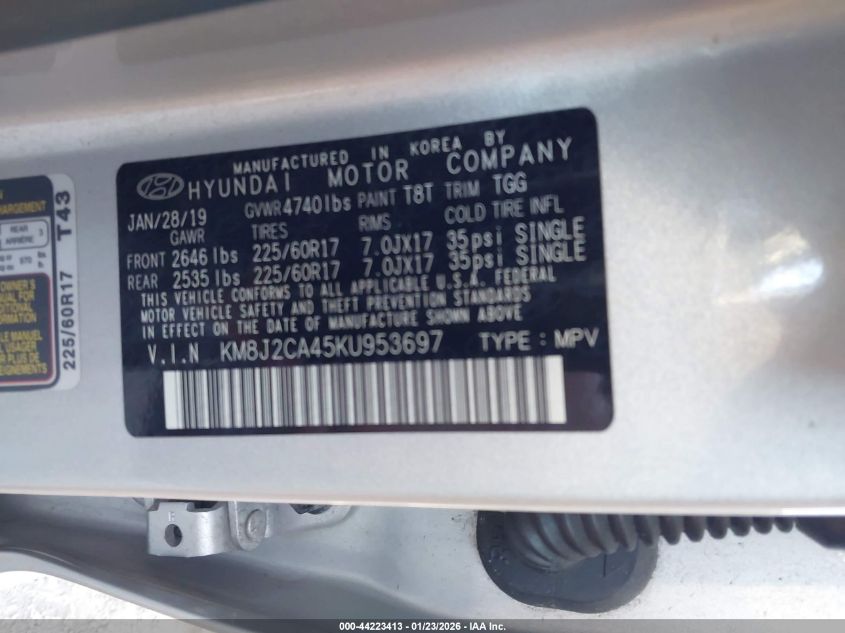 2019 Hyundai Tucson Se VIN: KM8J2CA45KU953697 Lot: 44223413