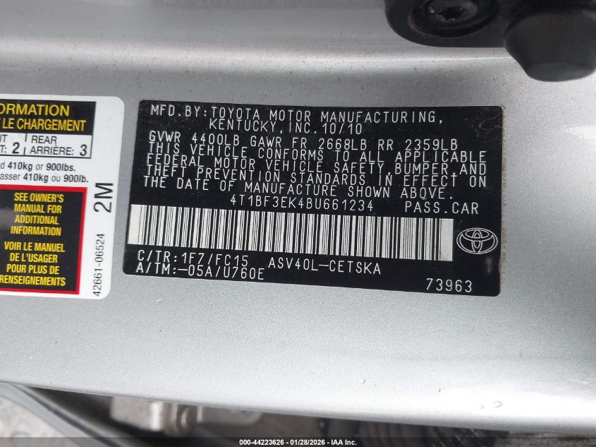 2011 Toyota Camry Se VIN: 4T1BF3EK4BU661234 Lot: 44223626