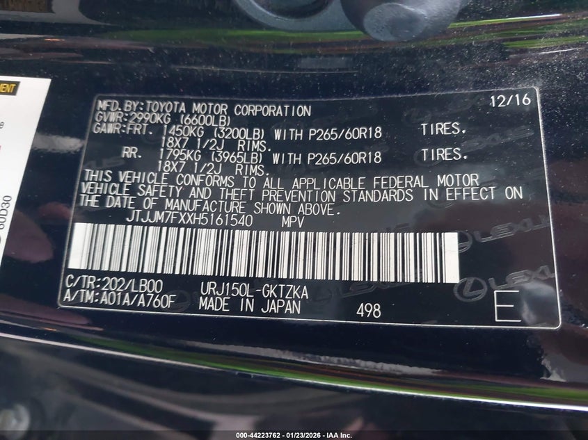 2017 Lexus Gx 460 Luxury VIN: JTJJM7FXXH5161540 Lot: 44223762