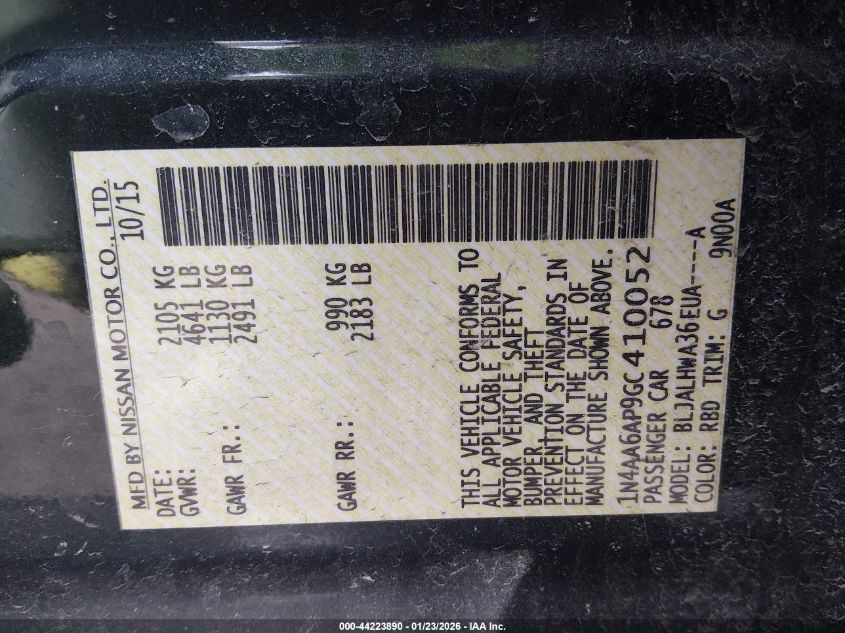 2016 Nissan Maxima 3.5 Platinum VIN: 1N4AA6AP9GC410052 Lot: 44223890