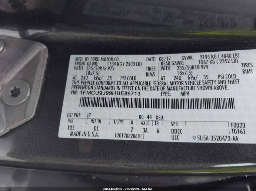 2017 Ford Escape Titanium VIN: 1FMCU9J99HUE89713 Lot: 44223966